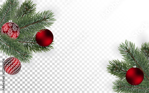 Detailed christmas tree branches and red balls on transparent background. Christmas decoration. Vector New Year design for cards, banners, flyers, party posters, headers, invitation.