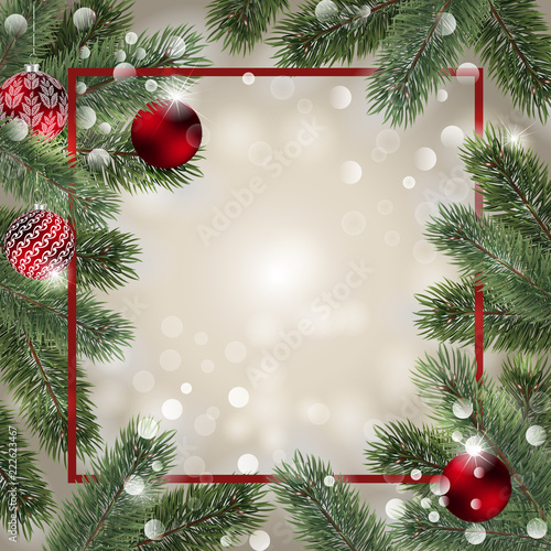 Background with vector Detailed christmas tree branches and red Christmas balls. Vector New Year design for cards, banners, flyers, party posters, headers, invitation.