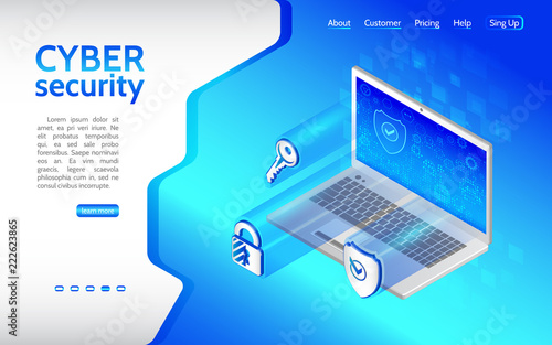 Cyber crime and data protection background with Laptop. Internet security icon key, shield, padlock. Privacy protection antivirus hack. Flat 3d isometric illustration.