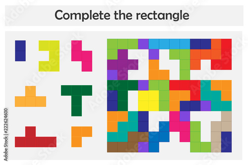 Puzzle game with colorful details for children, complete rectangle, level 2, education game for kids, preschool worksheet activity, task for the development of logical thinking, vector illustration
