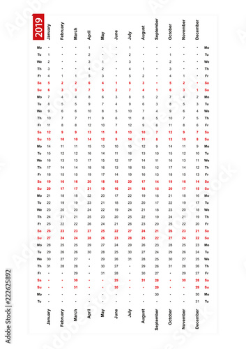 One row vertical calendar 2019, monday first day of the week.