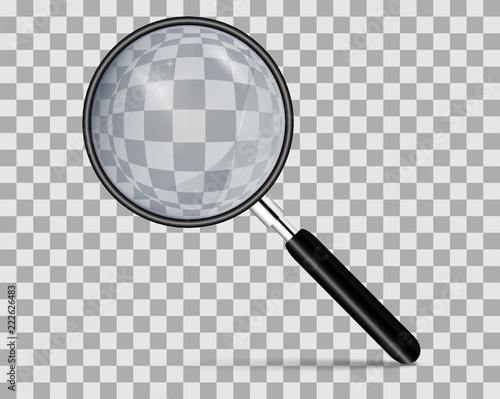 Metal magnifier with a dark handle for office concepts. Realistic magnifying glass on a transparent background. 