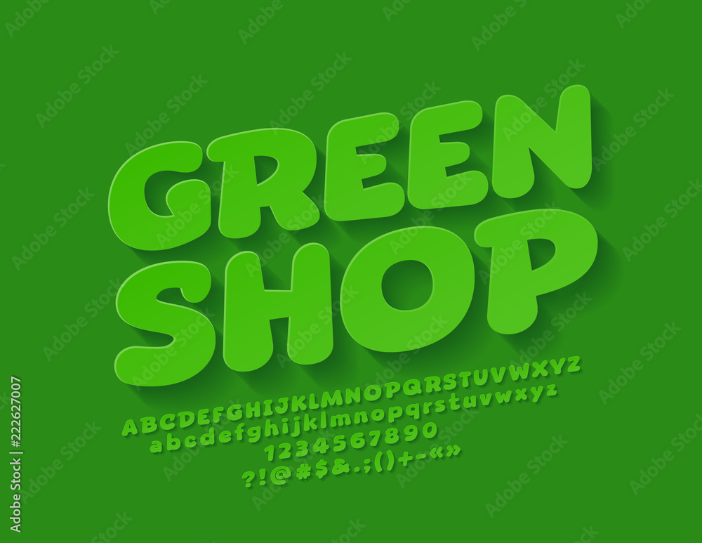 Vector Green Shop logo with Alphabet. Funny Bright Font with Shadow Vector Green Shop logo with Alphabet. Funny Bright Font with Shadow