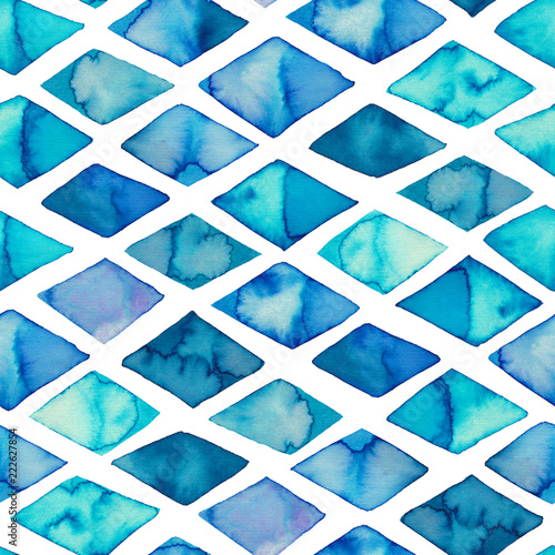 Geometric blue watercolor seamless pattern.