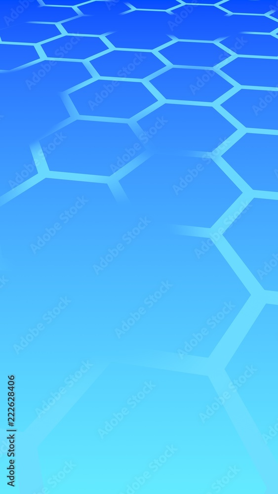 Translucent honeycomb on a gradient blue sky background. Perspective view on polygon look like honeycomb. Isometric geometry. Vertical image orientation. 3D illustration Translucent honeycomb on a gradient blue sky background. Perspective view on polygon look like honeycomb. Isometric geometry. Vertical image orientation. 3D illustration
