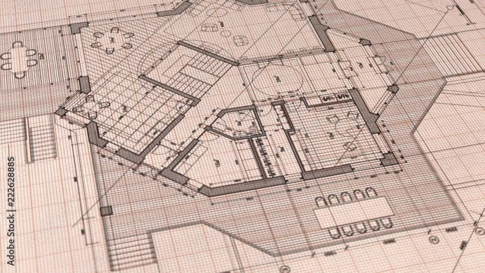 Blueprints: architectural drawings - architectural plan of a modern house / smoothly rotate / seamless looping Blueprints: architectural drawings - architectural plan of a modern house / smoothly rotate / seamless looping