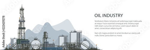 Oil Drilling Rig Banner, Oilfield , Drilling Oil or Natural Gas Rig with Outbuildings and Tanks and Cisterns, Poster Brochure Flyer Design, Vector Illustration