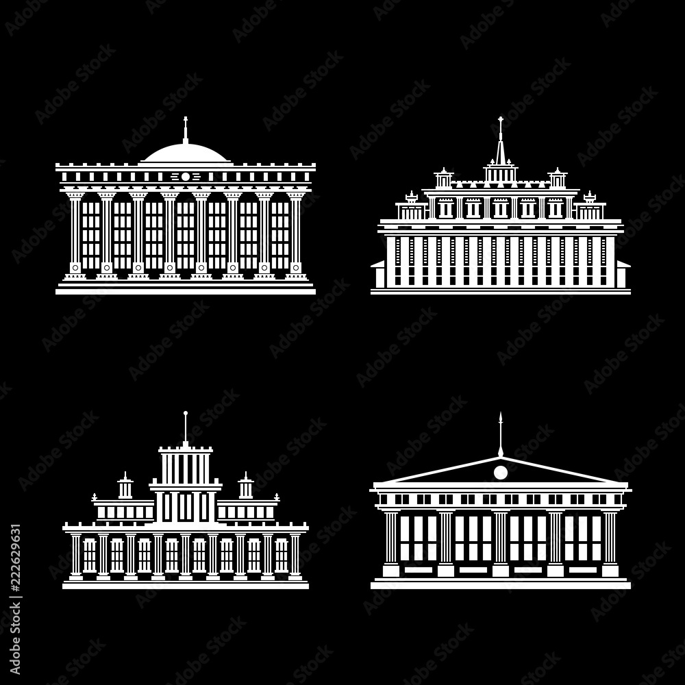 Silhouettes of Houses Isolated on Black Background, Bank or Court, Government Building, Financial Institution, Vector Illustration