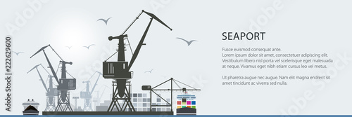 Photo Cargo Sea Port Banner, Unloading of Cargo Containers from the Container Carrier,