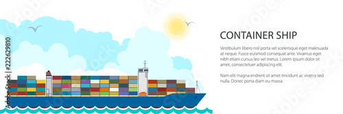 Banner Cargo Container Ship , Industrial Marine Vessel with Containers on Board and Text, International Freight Transportation, Vector Illustration
