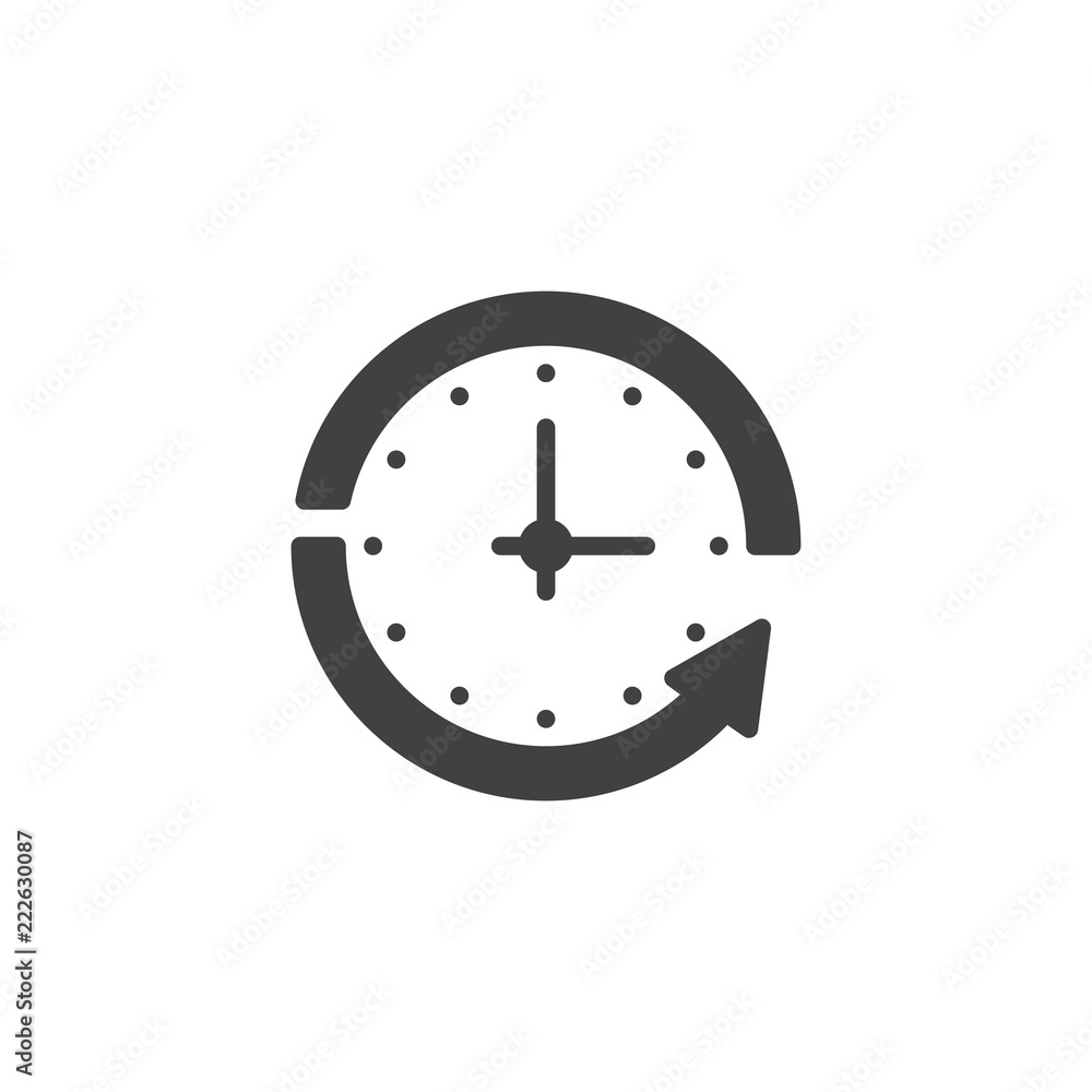 Clock and circular arrow vector icon. filled flat sign for mobile concept and web design. Time back simple solid icon. Backup symbol, logo illustration. Pixel perfect vector graphics Clock and circular arrow vector icon. filled flat sign for mobile concept and web design. Time back simple solid icon. Backup symbol, logo illustration. Pixel perfect vector graphics