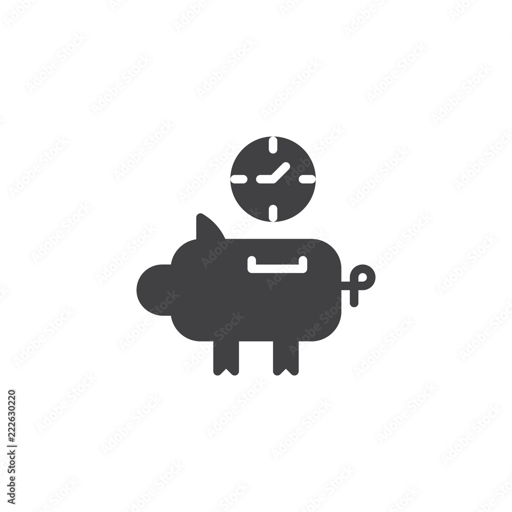 Piggy bank and clock coin vector icon. filled flat sign for mobile concept and web design. Time is money piggy bank simple solid icon. Symbol, logo illustration. Pixel perfect vector graphics