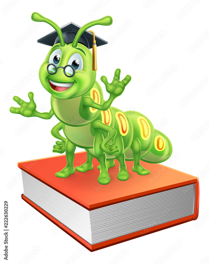 A bookworm caterpillar worm cartoon character education mascot standing  waving on a pile of books wearing graduation mortar board hat and glasses  Stock Vector | Adobe Stock