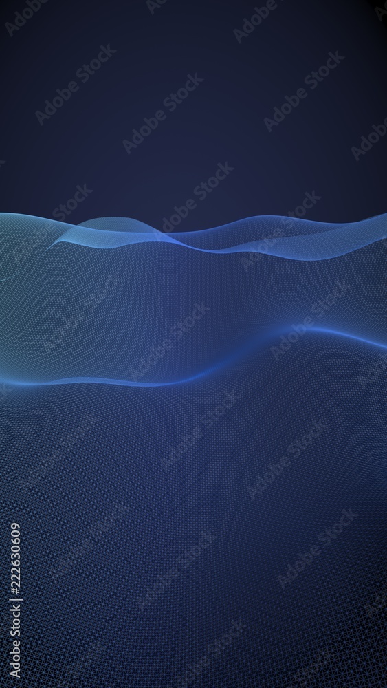 Abstract landscape on a blue background. Cyberspace grid. Hi-tech network. 3d technology illustration. Vertical image orientation. 3D illustration