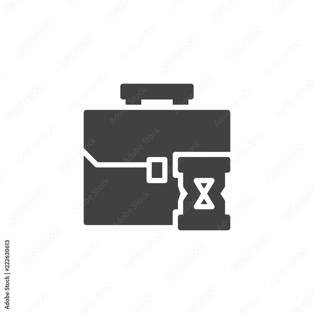 Briefcase and hourglass vector icon. filled flat sign for mobile concept and web design. Work time simple solid icon. Symbol, logo illustration. Pixel perfect vector graphics Briefcase and hourglass vector icon. filled flat sign for mobile concept and web design. Work time simple solid icon. Symbol, logo illustration. Pixel perfect vector graphics