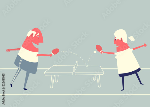 Cartoon elderly couple playing ping pong.