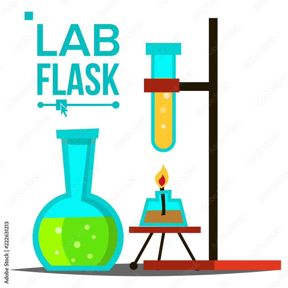 Laboratory Flask Vector. Chemical Laboratory Equipment. Glass Flask With Spirit Lamp. Science Symbol. Glassware. Research Lab Icons. Isolated Illustration