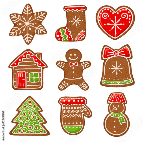 Christmas gingerbread vector illustration isolated on white background. Ginger bread man, bell, house, snowman etc.
