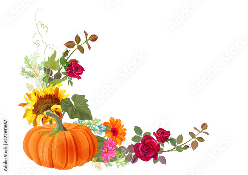 Angled autumn’s frame with pumpkin: orange, yellow sunflowers, red roses, gerbera daisy flowers, thistle, small green twigs on white background. Digital draw, illustration in watercolor style, vector