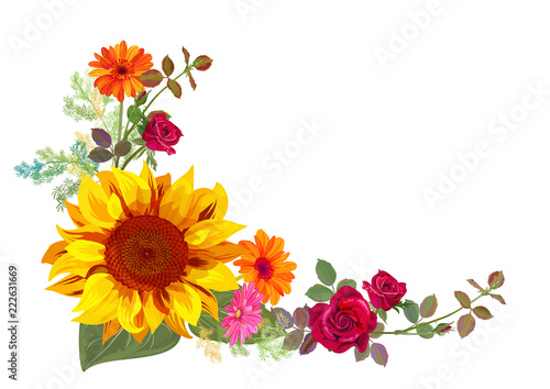 Angled autumn’s frame: orange, yellow sunflowers, red roses, gerbera daisy flowers, small green twigs on white background. Digital draw, illustration in watercolor style, vector