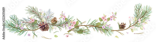 Horizontal border with pine branches, cones, spring blossom. Needles on white background, hand digital draw, watercolor style, decorative botanical illustration for design, Christmas tree, vector