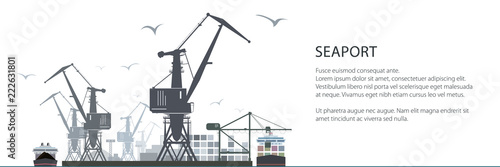 Cargo Sea Port Horizontal Banner, Unloading of Cargo Containers from the Container Carrier, Cranes and Vessels in Dock , Vector Illustration