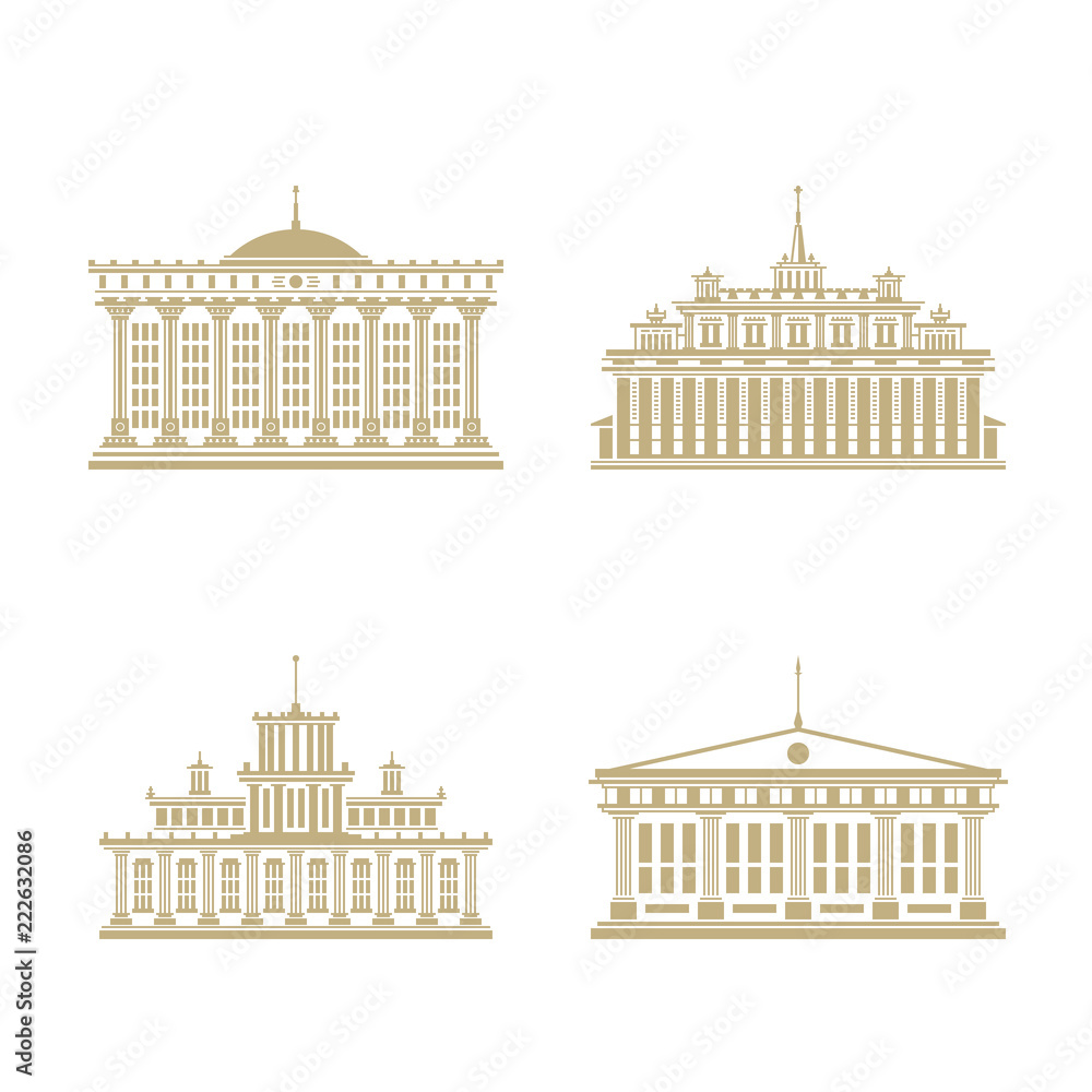 Set of Houses , Bank or Court, Government Building, Financial Institution, Vector Illustration