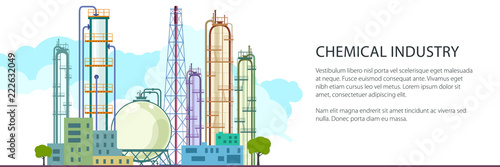 Banner of Petrochemical Industry, Chemical Plant , Refinery Processing of Natural Resources, Industrial Pipes and Text , Vector Illustration