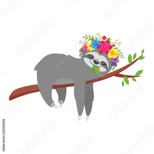 sloth character in floral wreath