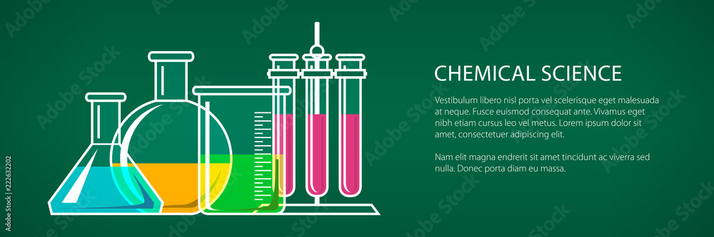 Flasks Beakers and Test-tube with Text, Chemical Laboratory Equipment on Green Background, School Chemistry Lab Banner, Vector Illustration Flasks Beakers and Test-tube with Text, Chemical Laboratory Equipment on Green Background, School Chemistry Lab Banner, Vector Illustration