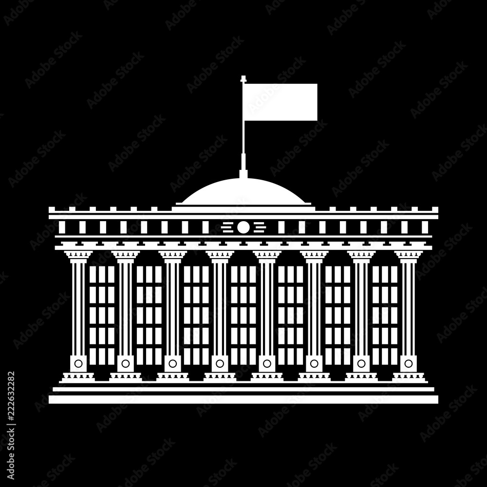 Silhouette Bank House with a Flag on the Roof Isolated on Black, Court, Government Building, Financial Institution, Vector Illustration