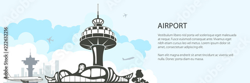 Modern Airport Banner, Silhouette Control Tower and Airplane on the Background of the City ,Travel and Tourism Concept , Air Travel and Transportation, Vector Illustration