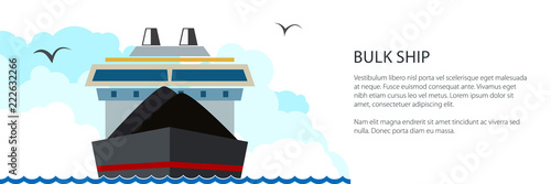 Front View of the Dry Cargo Ship and Text, Industrial Marine Vessel is Transporting Coal and Ore, International Freight Transportation Banner, Vector Illustration