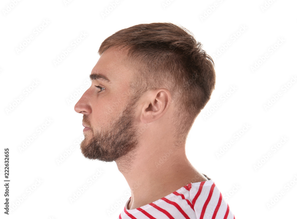 Obraz premium Young man on white background. Hearing problem