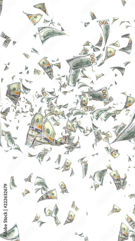 Fototapeta premium Flying dollars banknotes isolated on a white background. Money is flying in the air. 100 US banknotes new sample. 3D illustration