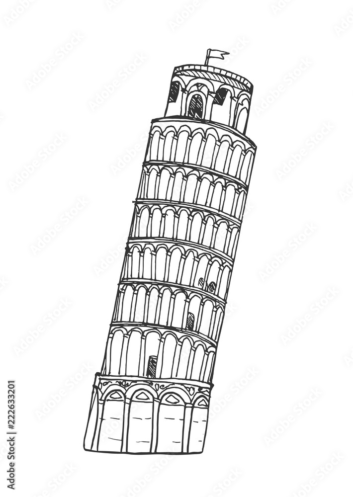Pisa Tower in flat style isolated on white background.