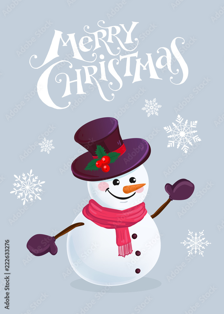 Funny snowman in hat, scarf and mittens on snowy background.  Merry Christmas vector illustration.