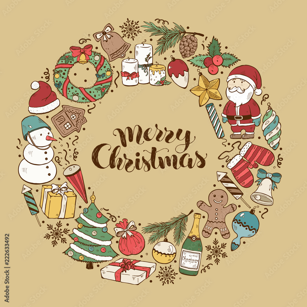 Hand drawn Merry Christmas doodle objects in circle composition around text. Vector illustration of New year symbols on gold background. Happy holidays. Hand drawn Merry Christmas doodle objects in circle composition around text. Vector illustration of New year symbols on gold background. Happy holidays.