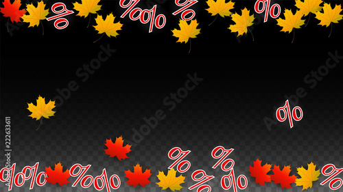 Vector Percentage Sign and Autumn Leaves Confetti on Transparent Background. Percent Sale Background. Business, Economics, Finance Print. Discount Illustration. Promotion poster. Black Friday Banner. 