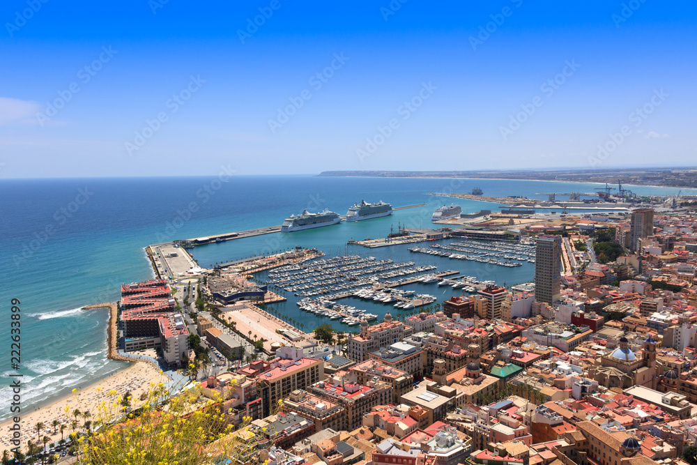View to Alicante coastline, marina, cruise ship port and city centre, Spain