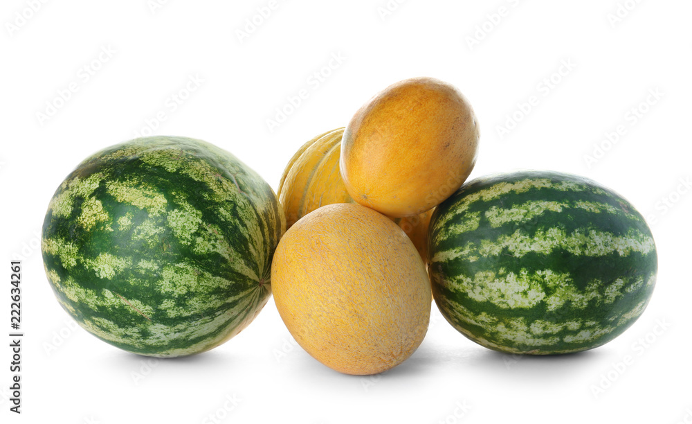 Delicious melons and watermelons on white background Delicious melons and watermelons on white background