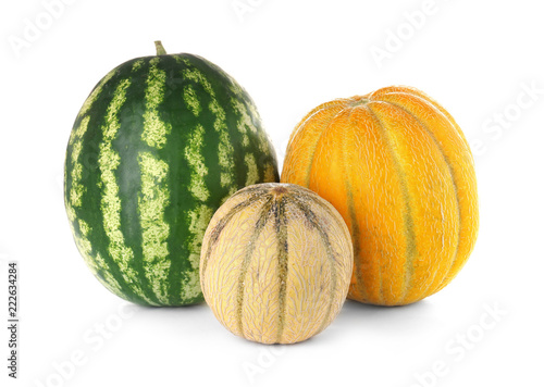 Delicious melons and watermelon on white background