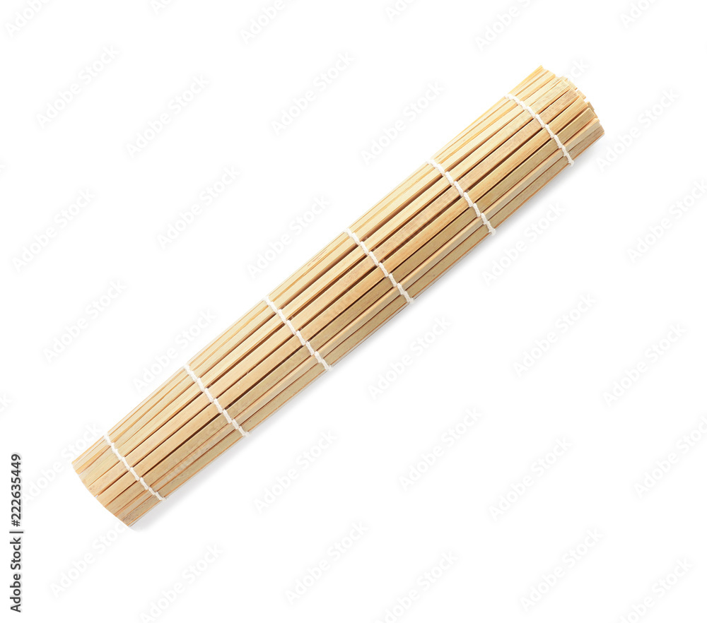 Rolled sushi mat made of bamboo on white background, top view Rolled sushi mat made of bamboo on white background, top view