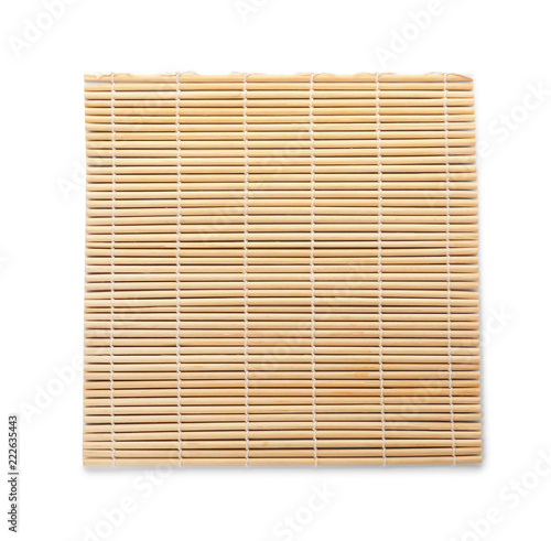 Sushi mat made of bamboo on white background, top view