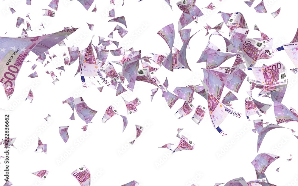 Flying euro banknotes isolated on a white background. Money is flying in the air. 500 EURO in color. 3D illustration