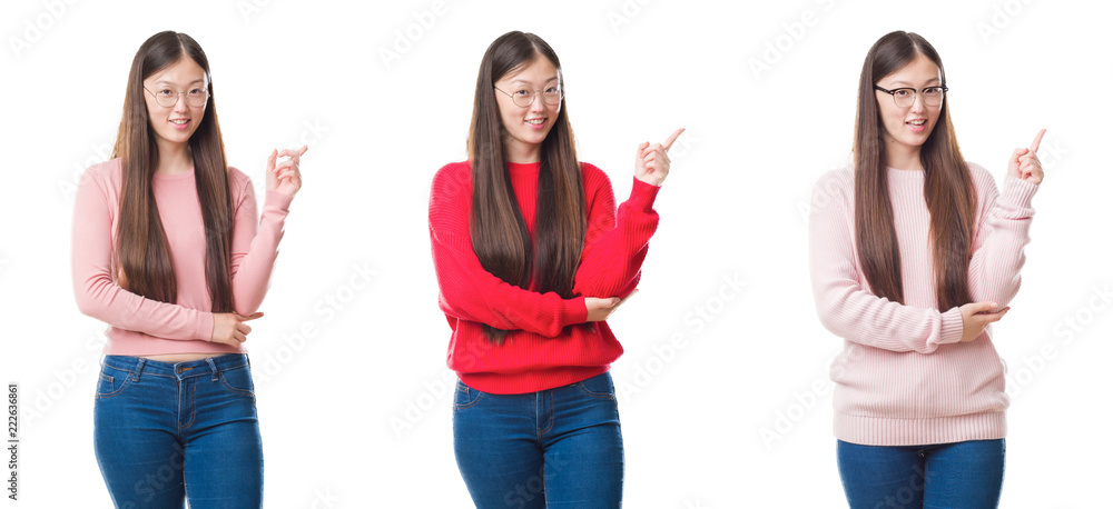 Obraz premium Collage of young beautiful Chinese woman over isolated background with a big smile on face, pointing with hand and finger to the side looking at the camera.