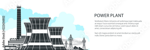 Silhouette Nuclear Plant Banner , Thermal Power Station, Nuclear Reactors and High Voltage Power Lines, Vector Illustration