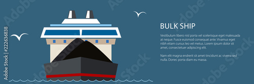 Front View of the Dry Cargo Ship at Sea and Text, Industrial Marine Vessel is Transporting Coal and Ore, International Freight Transportation Banner, Vector Illustration