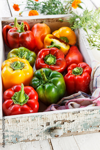 Beautiful juicy bell peppers in a white wooden box. Organic vegetables. White wooden table in the garden. Style rustic. Colorful