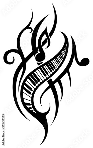 Piano tribal tattoo with notes
